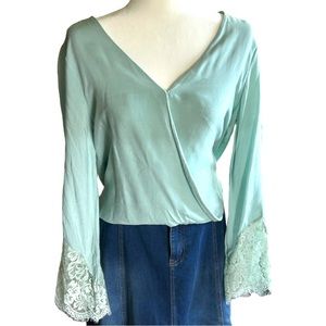 Chelsea & Violet Faux Wrap V-neck Top-Lace Bell Sleeves -Size Medium- Mint Green